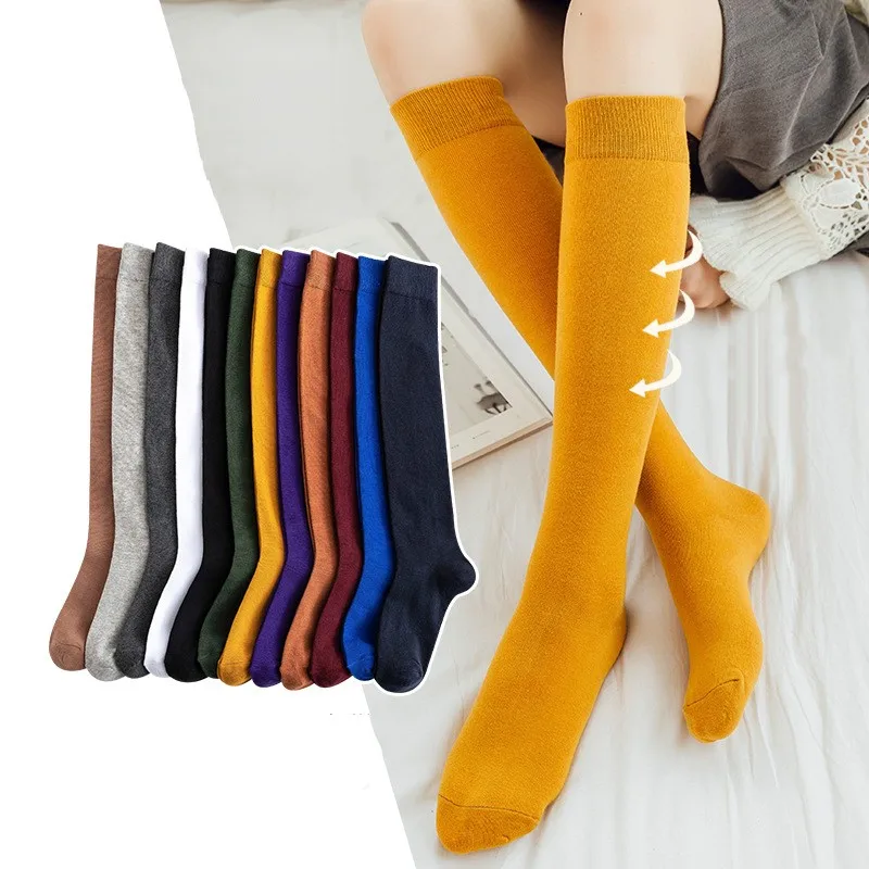 

Модные Цветные зимние длинные женские чулки Socken осенние до колена однотонные теплые высокие носки Новый стиль простые японские студентки для девочек