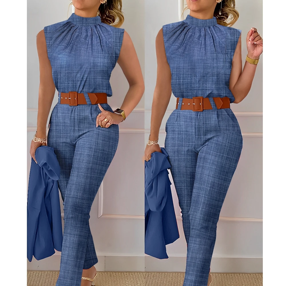 

Wepbel Denim Look Print Ruched Top & High Waist Pants Set Lerisi Top and Trousers Suit-without Belt Summer 2 Piece Sets Outfits