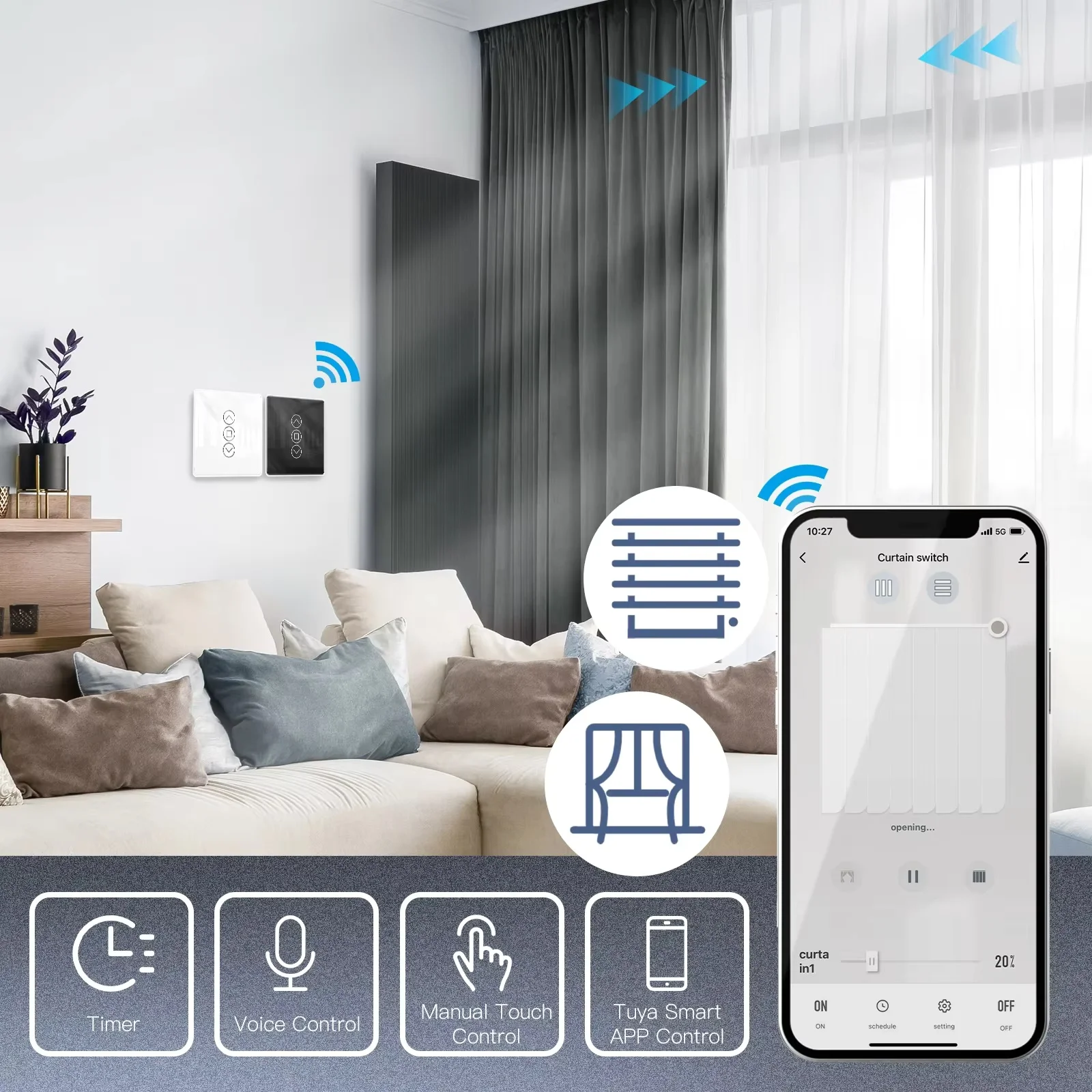 Фото Умный сенсорный выключатель MOES WiFi RF433 с 2.5D изогнутым стеклом для рулонных штор и жалюзи, совместимый с приложениями Smart Life/Tuya, работает с Alexa и Google Home №4