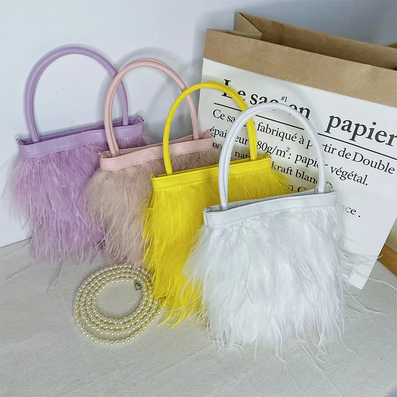 Luxury Designer Artificial Ostrich Feather Handbag with PU Leather Handle Women Fashion Evening Bag Wedding Party Clutch Female