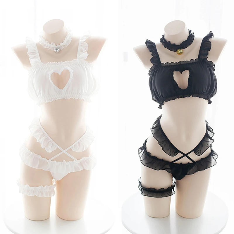 

Drop shipping Sexy Heart Hollow Out Lingerie Set Lolita Ruffled Lace Bra and Panty Women Intimates Anime Cosplay Costume