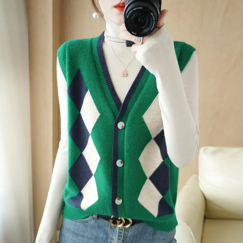 

New Fashion Cashmere cardigan Diamond-Shaped vest Sweater V Neck Knit Vest Women Sleeveless Casual Women