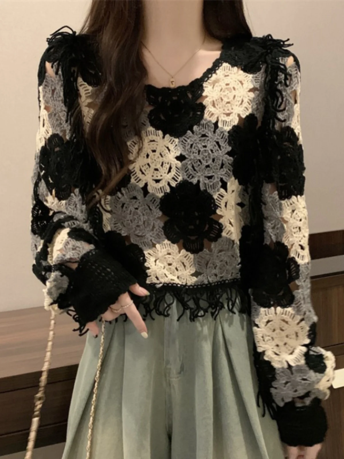 Кружевной вязаный крючком топ с кисточками в стиле пэчворк для женщин на осень и