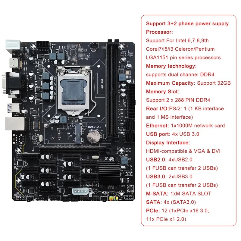 

Материнская плата B250 V2.1 ETH Miner 12PCIE + G4560 CPU + DDR4 8 Гб RAM + 128G MSATA SSD + вентилятор + кабель SATA + кабель переключателя + термопаста