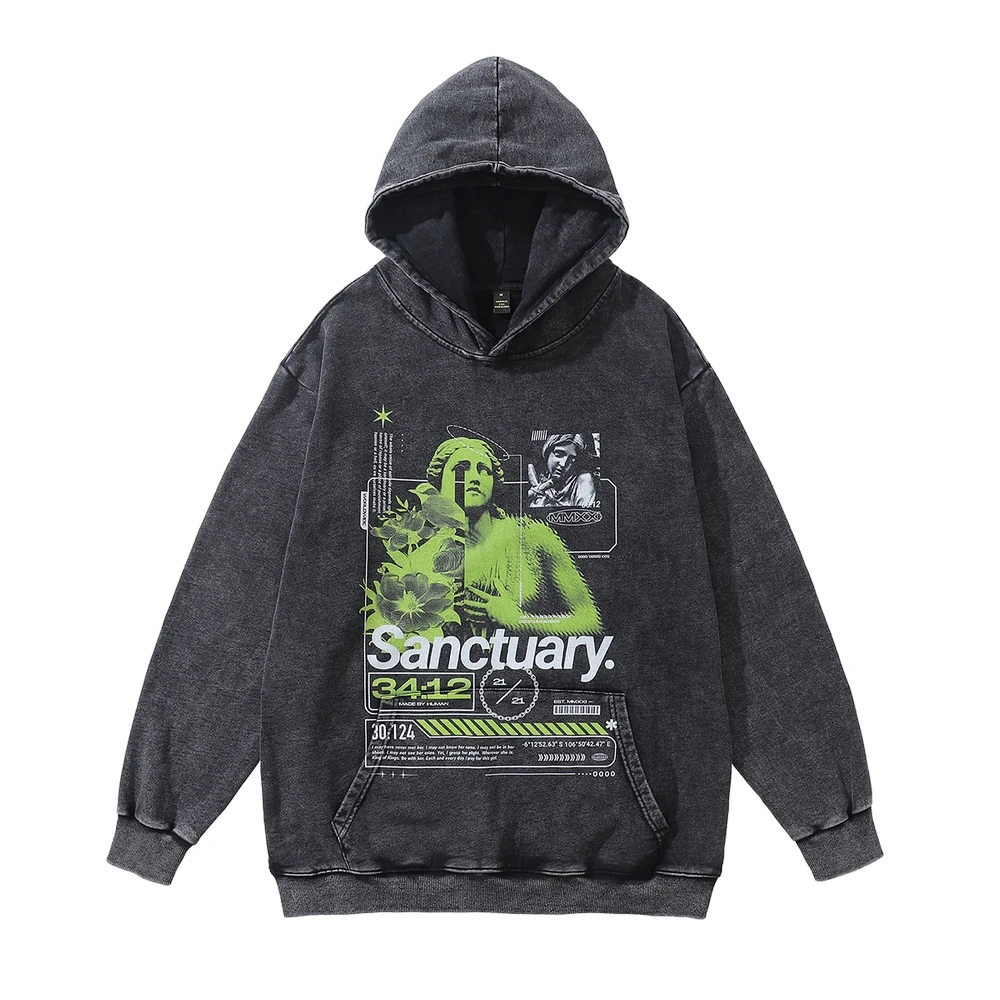 

Sanctuary Printed Washed Black Pullover Retro Distress Hoodie 2022 Unisex Oversize Black Hoodies Tops Men Sweatshirts For Male