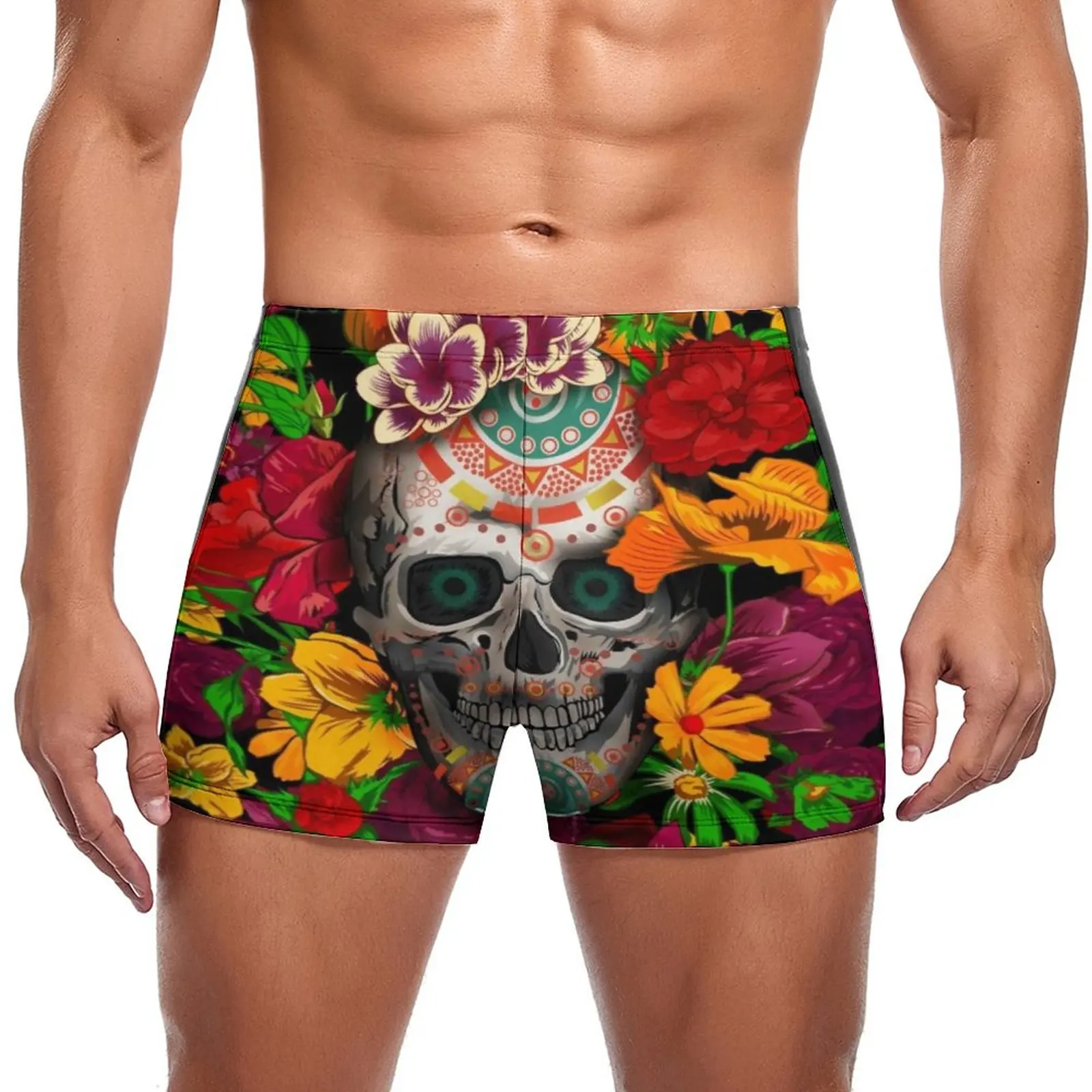 

Smiling Sugar Skull Swimming Trunks Day of The Dead Flower Print Quick Dry Print Swim Boxers Plus Size Beach Man Swimwear