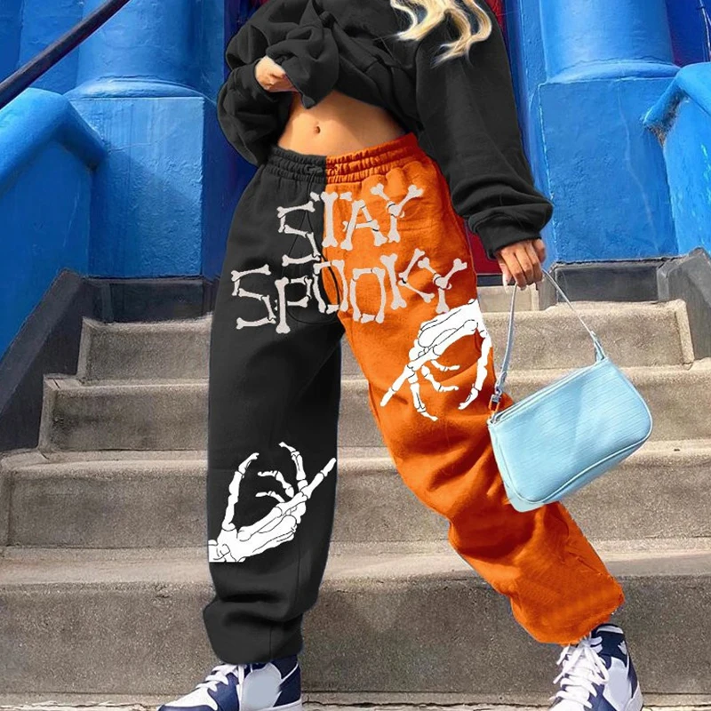 

Orange Black Splicing Skull Print Sweatpants Women Pants Wide Leg Elastic Waist Street Casual Joggers Women Spring Plus Size New