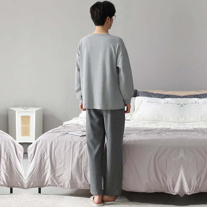QUHENG Men's Cotton Pajamas Set Long Sleeved Trousers Nightwear Home Wear Suits Simple Fashion Sleepwear for Men Home Clothing