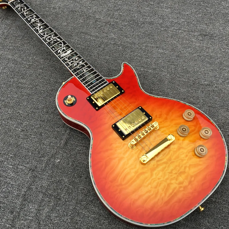 

Custom LP Electric Guitar Abalone Flower Inlays Cherry Sunburst Quilted Maple Top & Back Abalone Bindings Gold Hardware Guitarra