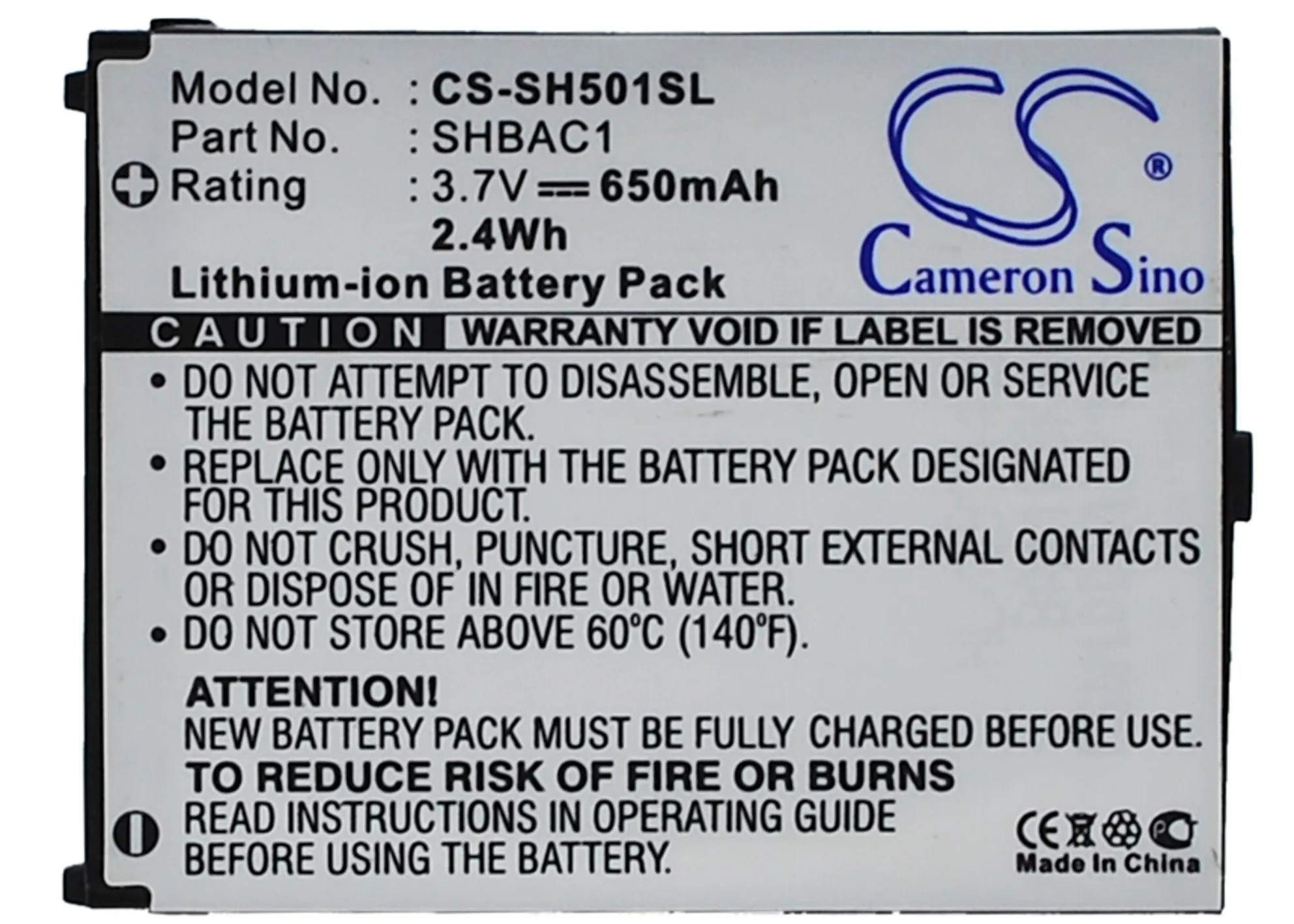 

Аккумулятор Cameron Sino 650 мАч SHBAC1 для Sharp SH501, V501SH