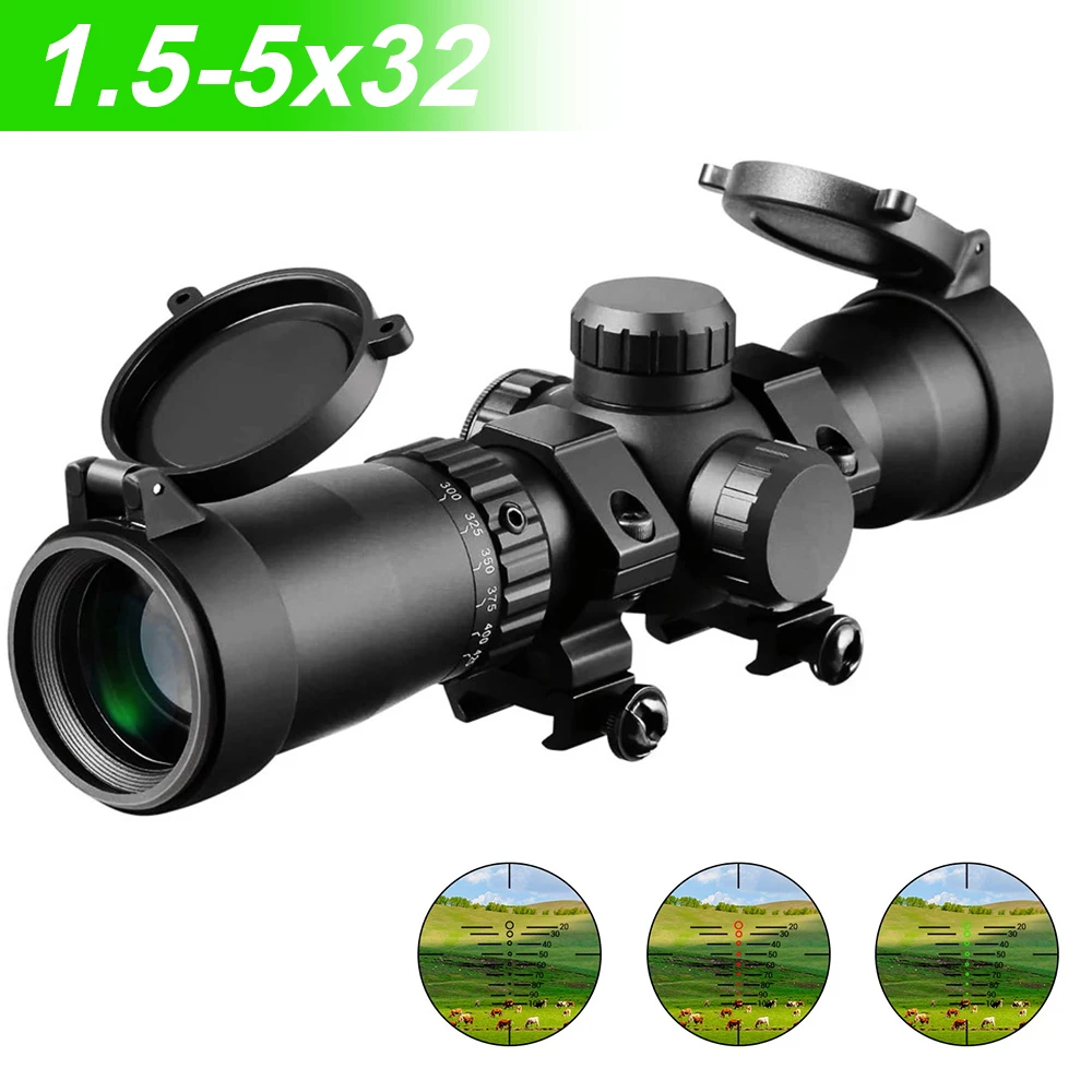 1.5-5X32 Scope IRG Crossbow Short Hunting Riflescope Red Dot Green Illuminated Optical Sight Range Finder Reticle for 11/20mm