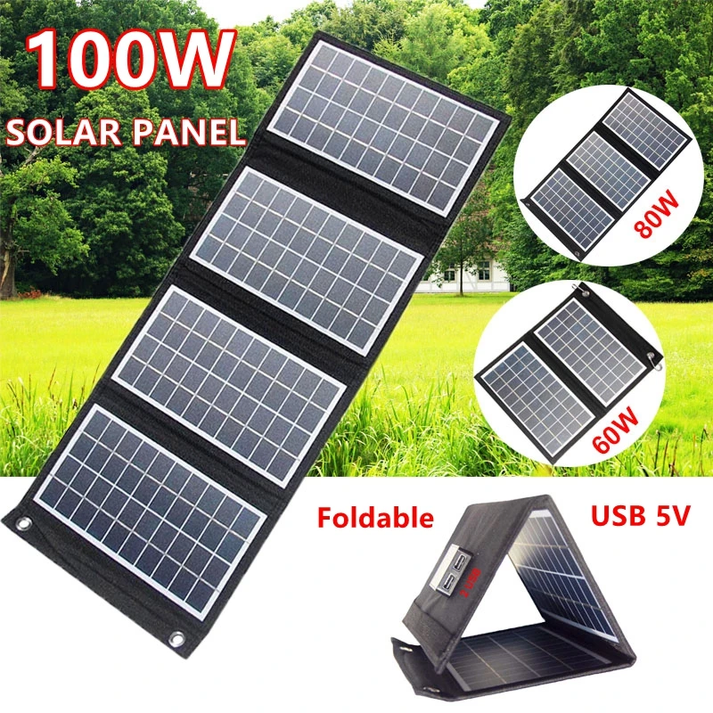 100W/80W/60W Foldable Solar Panel Portable Dual USB 5V Charger for Camping Outdoor Power Station Cell Phone Tablet Power Bank