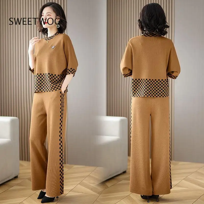 

Весна-Осень 2022, женский брючный костюм, модные клетчатые брюки с широкими штанинами, комплект из двух предметов, повседневные брючные комплекты для женщин среднего и пожилого возраста