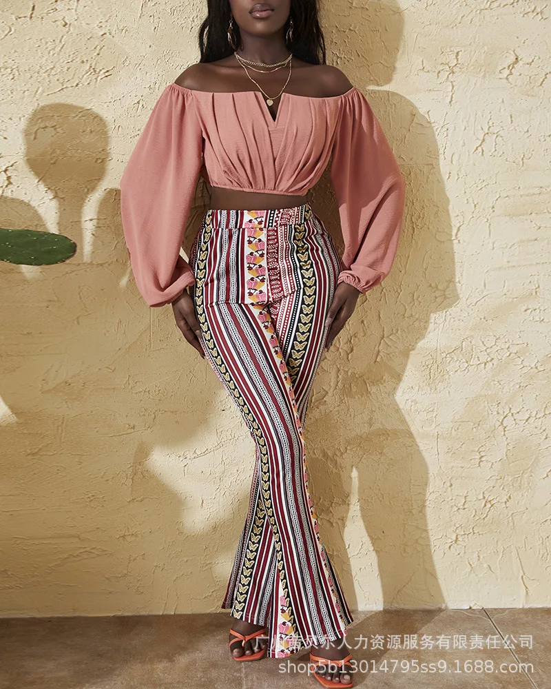 

Women Summer Spring Strapless Off Shoulder Ruched Top & Tribal Print Pants Set Long Sleeve Tops & Long Pants Clothes Suit