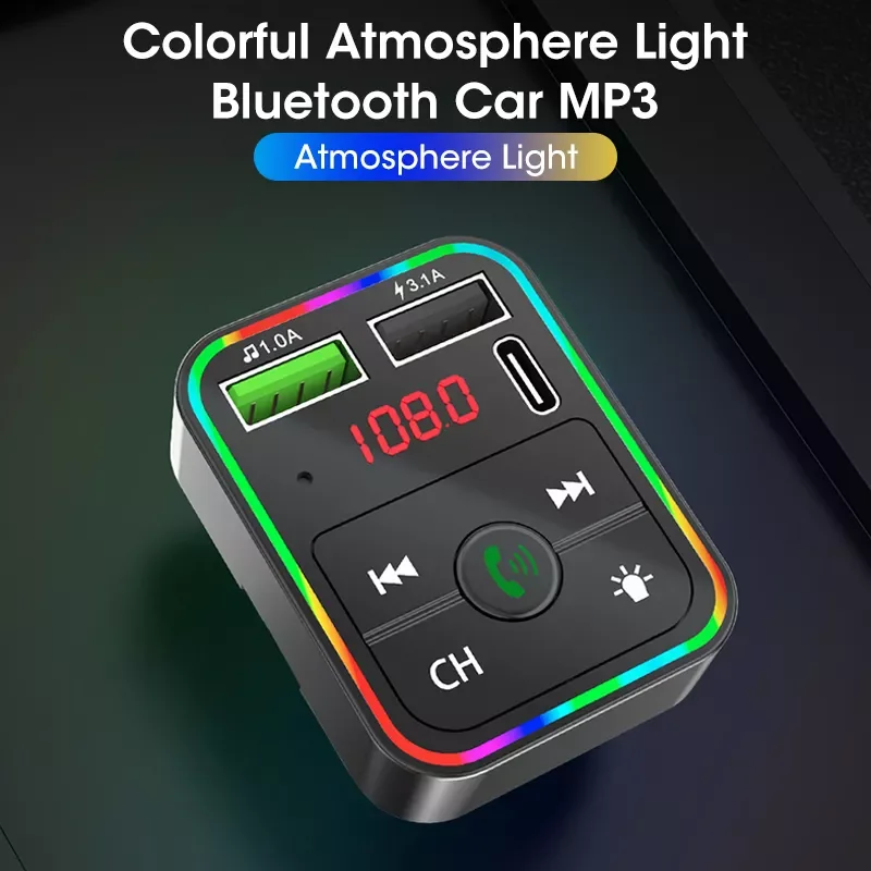 

Bluetooth 5.0 FM Transmitter Car MP3 Player Atmosphere light Wireless Handsfree Audio Receiver USB Fast Charge TF U Disk play