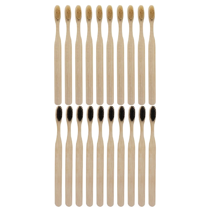 

20 Pcs Environmentally Wood Bamboo Toothbrush Bamboo Fibre Wooden Handle Tooth Brush Whitening, 10 Pcs Black & 10 Pcs Yellow