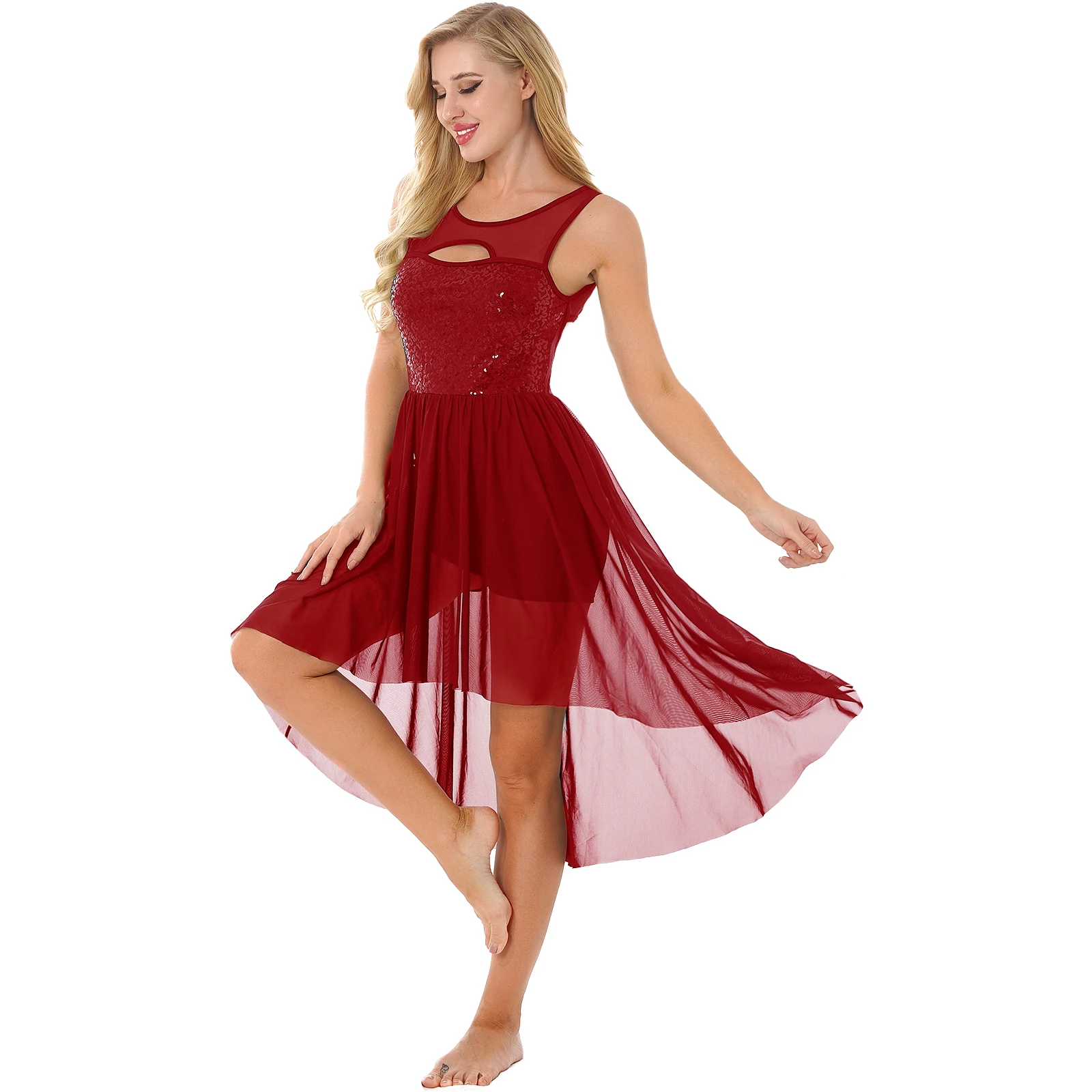 

Women Shinny Sequined Dance Dress Sheer Mesh Crisscross Back Cutout Asymmetrical Hem Leotard Dance Dresses