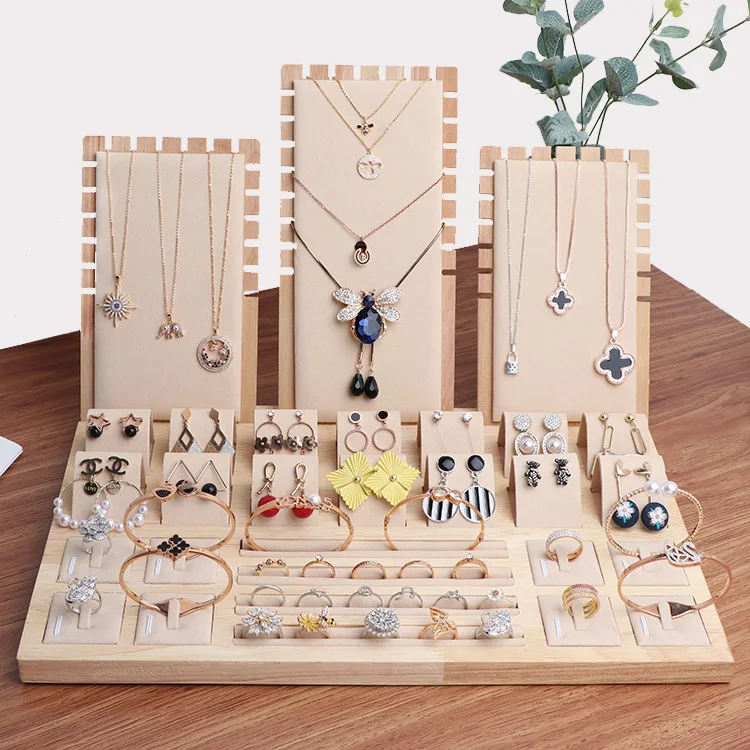 Wooden Combination Set Jewelry Display Stand Necklace Ring Bracelet Multifunction Showcase Tray for Jewelry Store