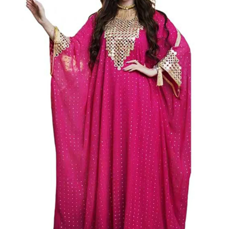 

Muslim Abaya Chiffon Sequins Panel O Neck Batwing Sleeve Oversized Gown Dresses Dubai Turkey Arab Morocco Caftan 6XL 7X