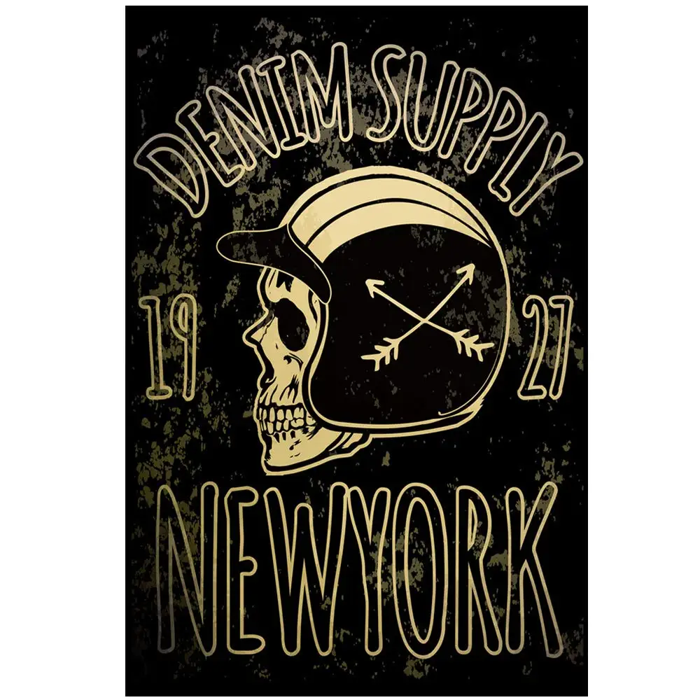 

Retro Design Skull Denim Supply Newyork Tin Metal Signs Wall Art | Thick Tinplate Print Poster Wall Decoration for Garage