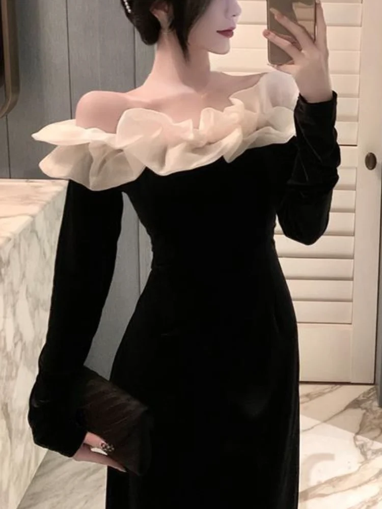 Korean Fashion Velvet Midi Dress Woman Long Sleeve Sexy Dress Elegant 2022 Pure Color French Vintage Dress Off Shoudler Design