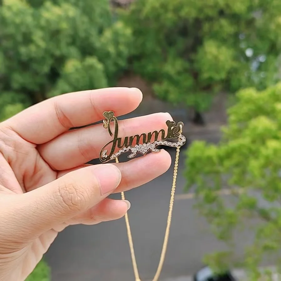 HIBODY One Piece Cut Custom Stainless Steel Half Diamond Name Alphabet Necklace Multi Font Choice Women Necklace Gift