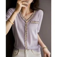 summer small fragrant wind knitted ice silk short sleeve womens new lace purple bottom half sleeve cotton thread t shirt top
