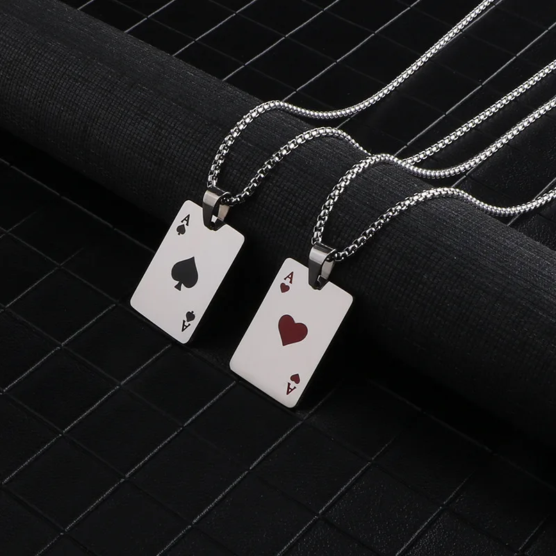 

Men Statement Poker Lucky Ace of Spades Pendant Necklace Red Black Silver Color Stainless Steel Long Chain Necklaces Jewelry