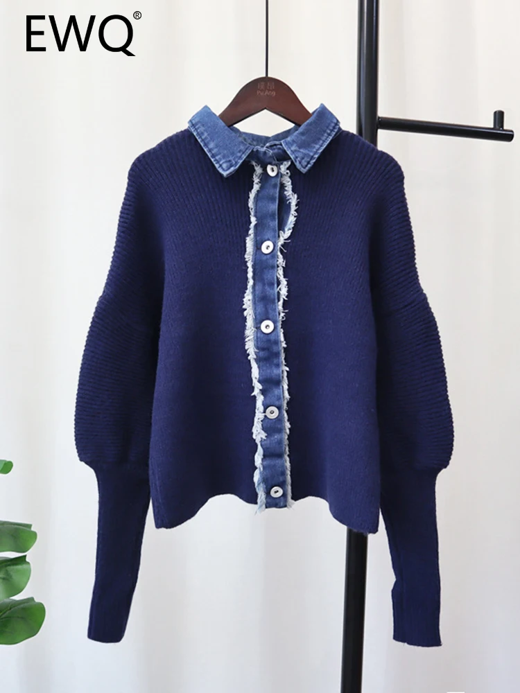 

EWQ Denim Patchwork Single-breasted Contrast Color Knitted Sweet Style Korean Chic Women Cardigan Sweater Autumn 2023 New SN2971