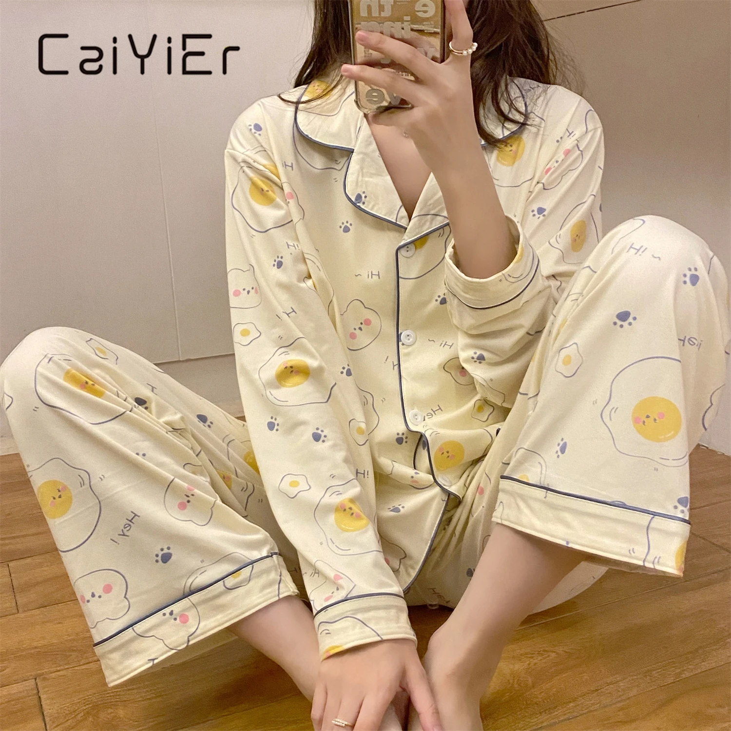 CAIYIER Plaid Stripe Korean Pajamas Set Autumn Winter Sweet Girls Nightwear Long-sleeved Homewear Simple Kawaii Cardigan Suit