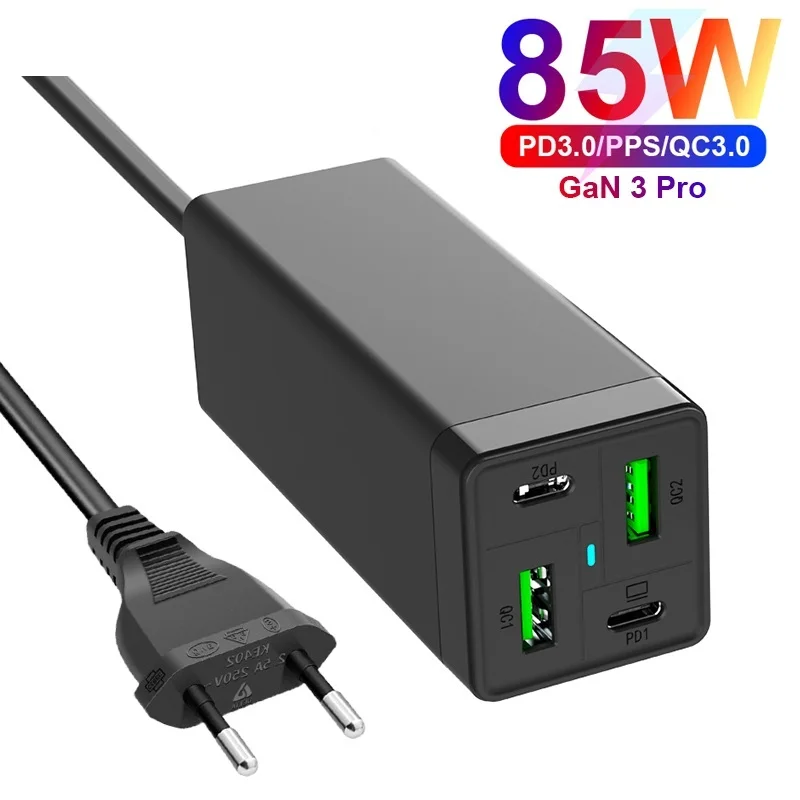 

4-Port 85W GaN USB C Fast Charger, PD 65W PPS 45W 20W QC3.0 Power Adapter Supply For MacBook Laptop iPhone Xiaomi Samsung