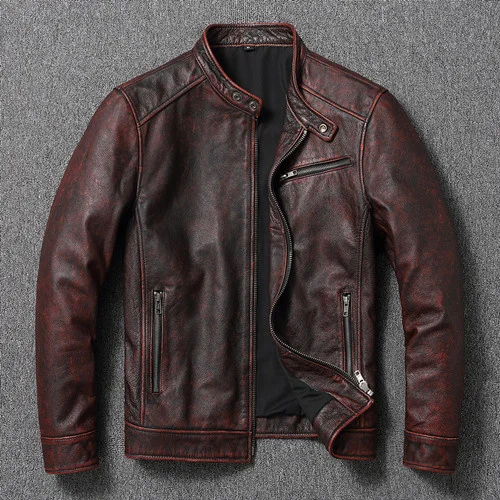 

Jacket Top Leather 100% Genuine Vintage Natural Cowhide Coat Autumn Mens Leather Motorcycle Jacket Trend Chaquetas Man