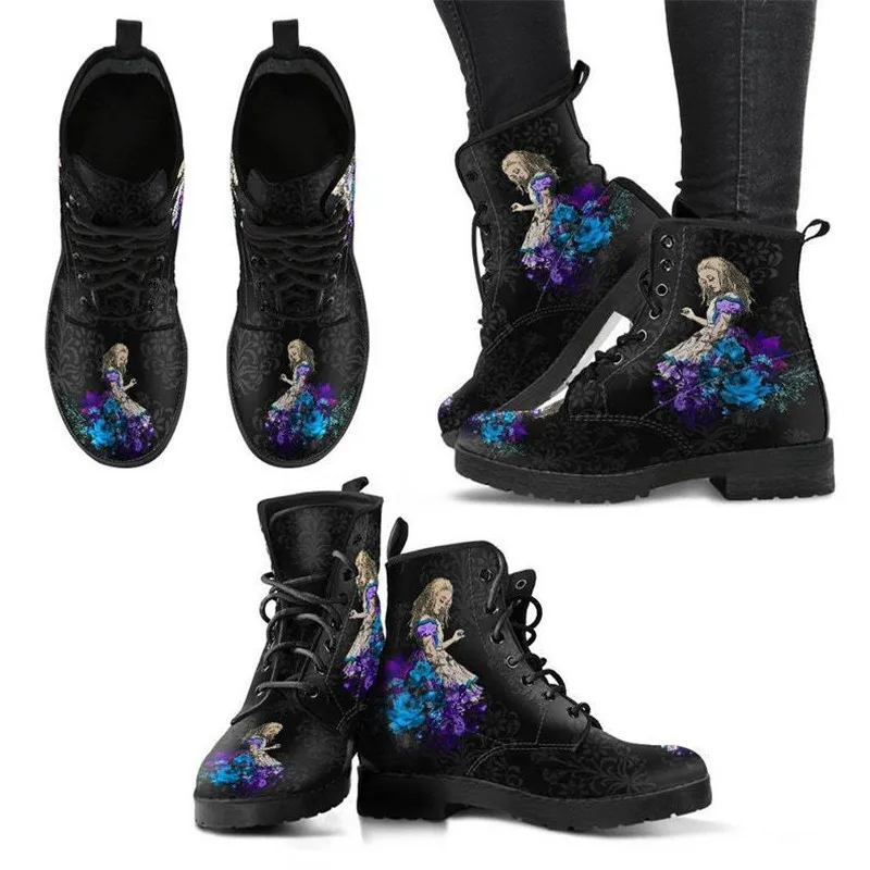 Women Ankle Boots Low Heels Shoes Woman Vintage Pu Leather 2020 Autumn Warm Winter High Snow Boots Motorcycle Skull Pansy