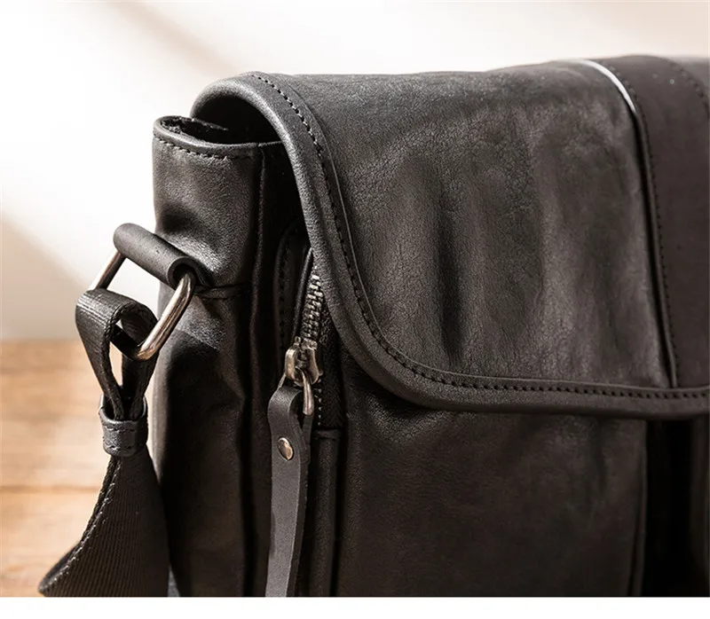 Outdoor casual high quality genuine leather men black crossbody bag weekend travel luxury soft natural real cowhide shoulder bag