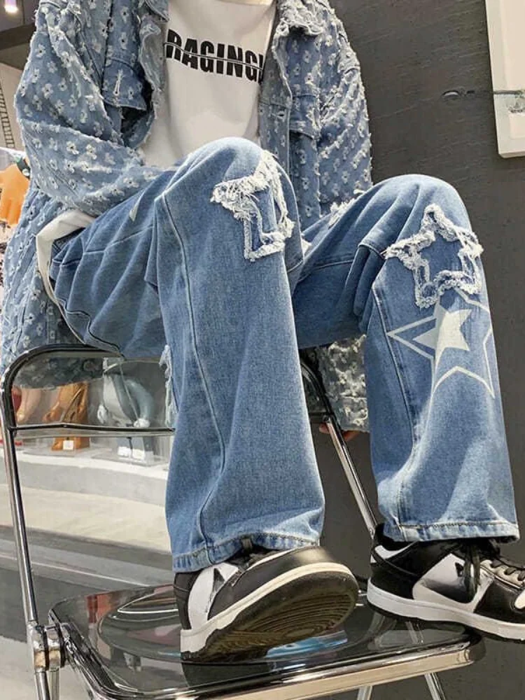 HOUZHOU Vintage Retro Washed Y2k Denim Pant Men High Street Streetwear Jeans Korean Fashion Kpop Patchwork 2023 Trouserss