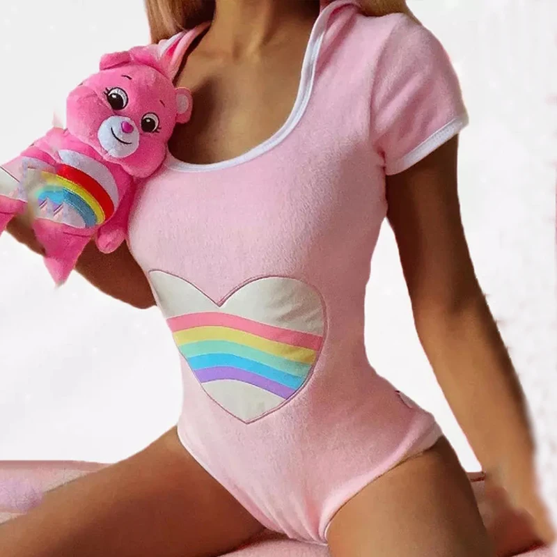 

2022 Sweet Plus Size S-5XL Cute Love Rainbow Hooded Ears Short-sleeve Bodysuits One Piece for Women Catsuit Body Sexy Bodycon
