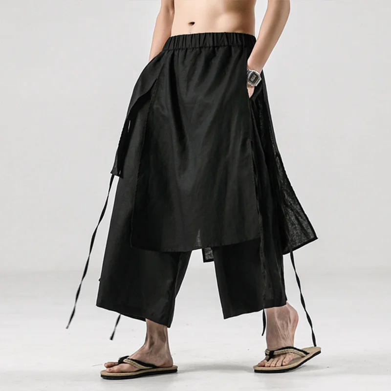 

MrGB New Chinese Style Casual Solid Color Wide Leg Pants Mens Irregular Cotton Linen Harem Pants Male Hanfu Skirts Trousers