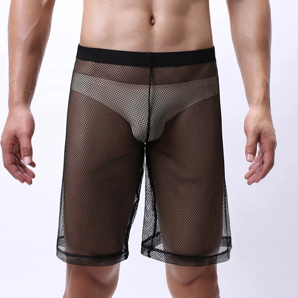 

Men See Through Boxer Hollow Shorts Man Sexy U Convex Underwear Loose Lounge Underpants Sheer Mesh Trunks Clubwear Panties