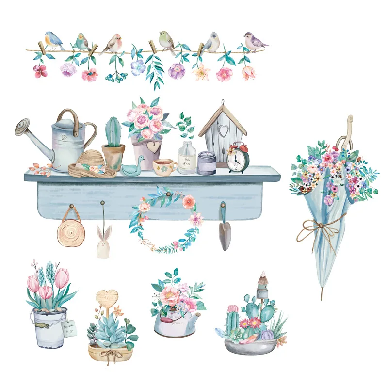 

Настенные стикеры в виде цветочного горшка для гостиной, спальни, Настенный декор, милые птицы, ПВХ наклейки на стену для декора, художестве...