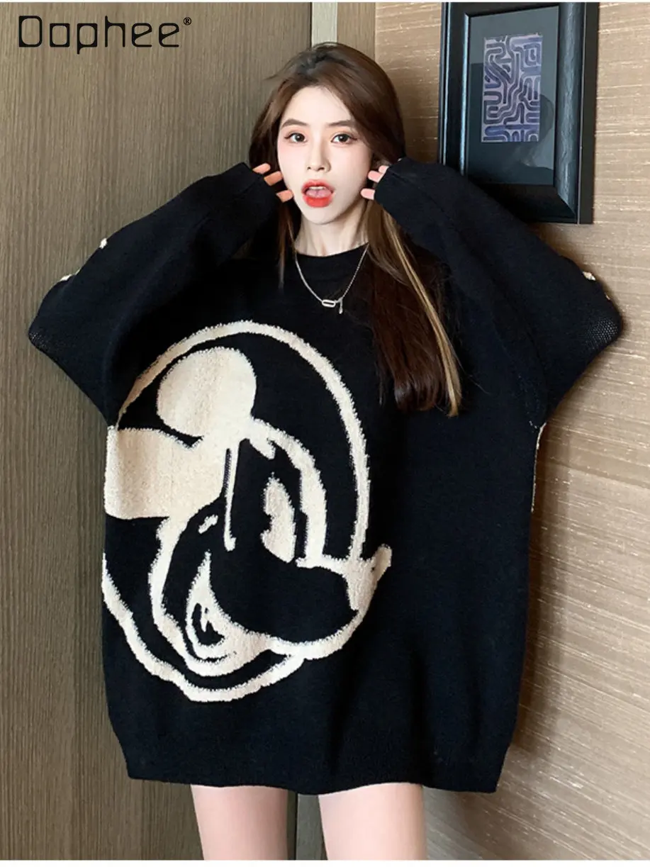 Fashion Cartoon Goth Round Neck Loose Long Sleeves Sweater Coat Autumn and Winter Korean Thickened Outer Wear Pullover Knitear