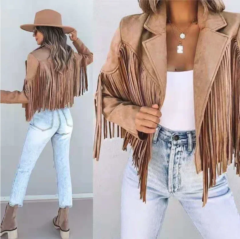 

2021 Autumn Fringed Bomber Jacket Women Spring Fashion Long Sleeve Turn-down Collar Open Stitch Slim Pink Jackets Streetwear