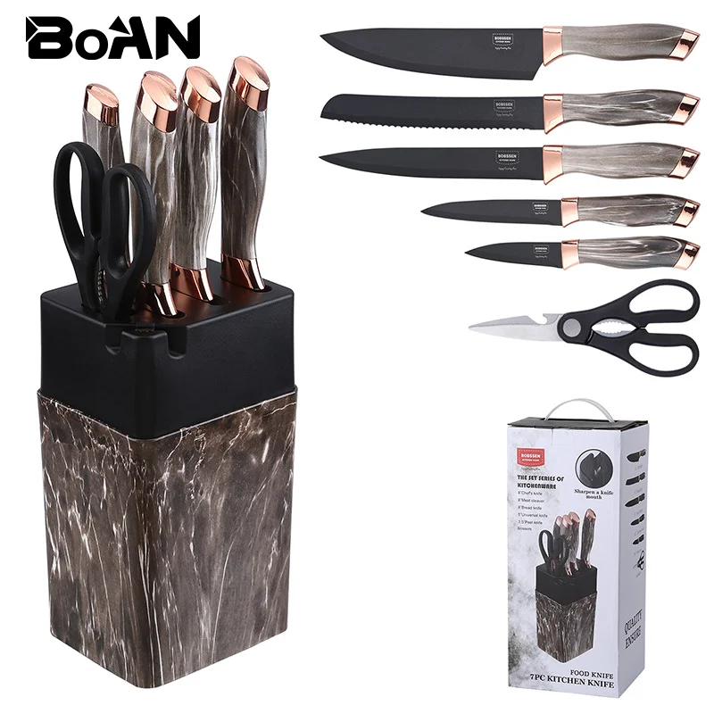 7pcs Stainless Steel Kitchen Knife Sets with GrindstoneForged Chef Knives Set Kitchen Tools Bread Knife Fruit Knife Scissors