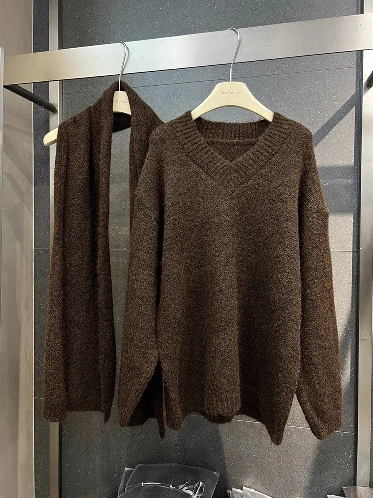 Модный серый кашемировый свитер с шарфом и воротником женский элегантный