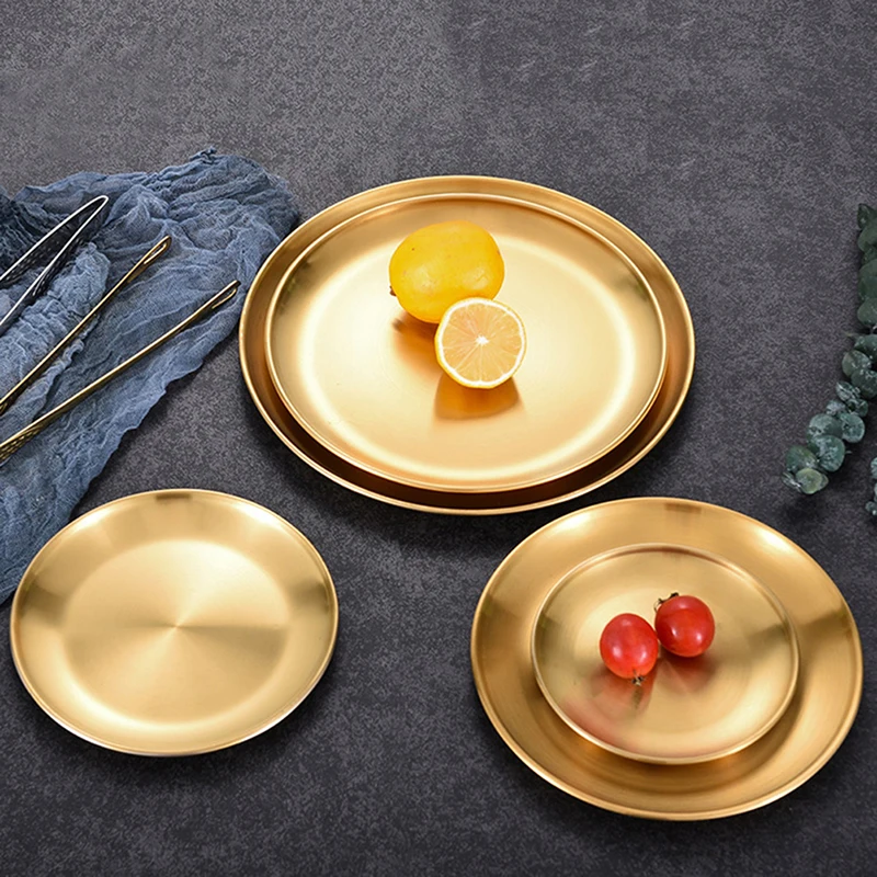 

Тарелки для еды из нержавеющей стали с золотом, для сервировки, для салатов, круглых подносов для стейков