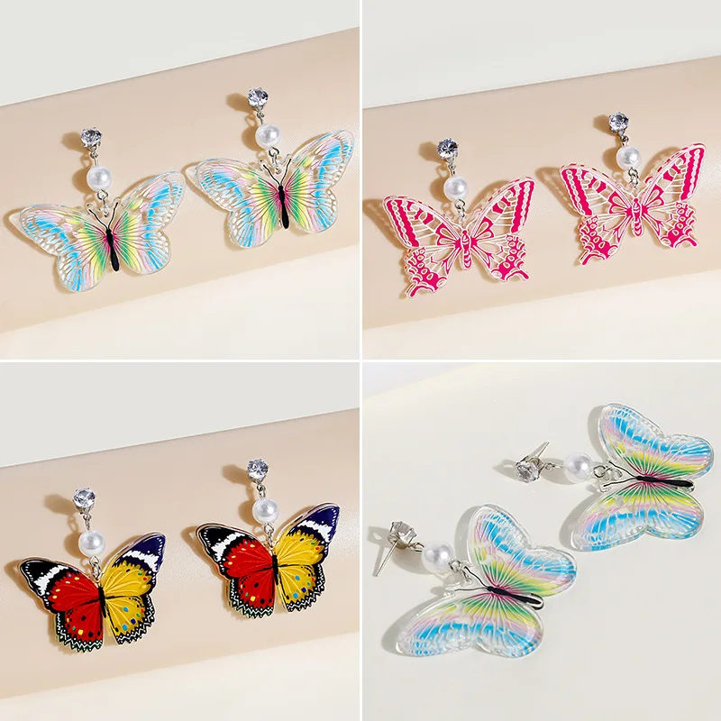 

Minar Cute Romantic Multiple Resin Butterfly Earring for Women Painting Clear Simulation Wings Dangle Earrings Party Jewelry