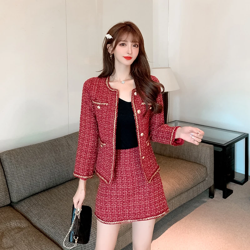 

Especially Red Tweed Set Women Fall Elegant 2 Piece Set Long Sleeve Single Breasted High quality Luxury Tweed Jacket + Skirt Set