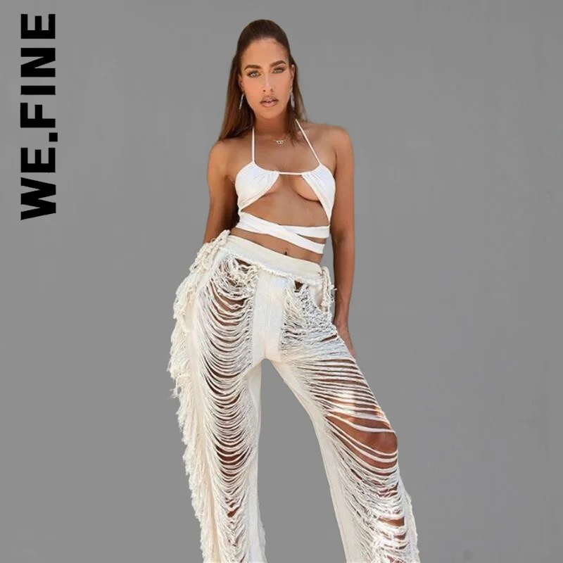 

We.Fine Fashion Hipster Tassel Hollow Out High-Waist Bottoms Streetwear Y2k Solid Knitted Straight Pants For Women Trousers
