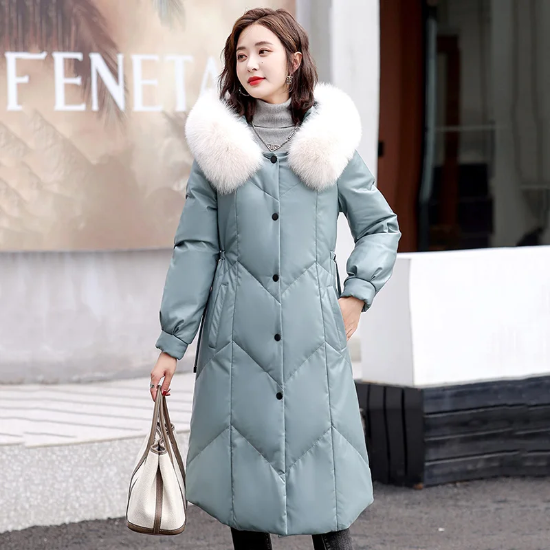 

New Women Leather Coat Autumn Winter 2022 Real Fox Fur Collar Drawstring Waist Loose Long Sheepskin Overcoat Leather Down Jacket