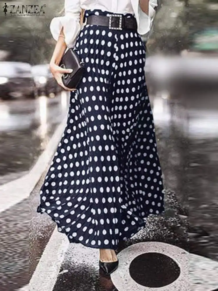 

ZANZEA Fashion High Waist Summer Trousers Bohemian Women Wide Leg Pants Vintage Polka Dot Long Pantalons Oversized Casual Pants