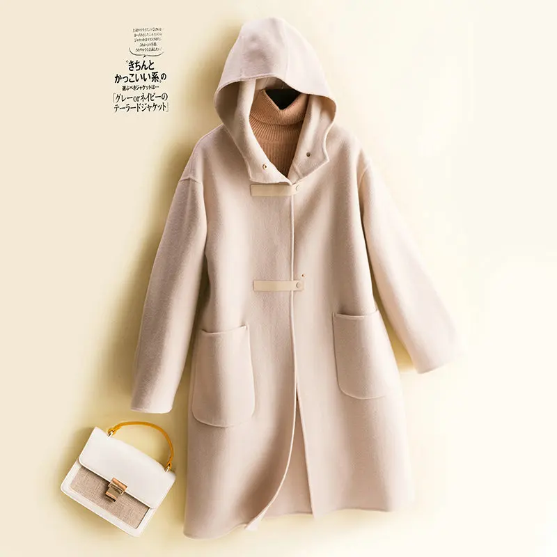 

2023 Autumn/Winter New Double sided Wool Women's Coat Women's Hooded Loose Mid length Fashion Versatile Solid Color Coat